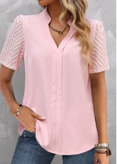 Patchwork Light Pink Short Sleeve Split Neck Blouse