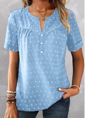 Button Sky Blue Short Sleeve Split Neck Blouse