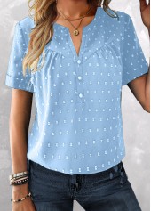 Button Sky Blue Short Sleeve Split Neck Blouse