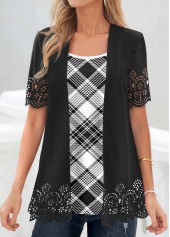 Plaid Black Short Sleeve Fake Two Piece Twinset