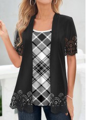 Plaid Black Short Sleeve Fake Two Piece Twinset