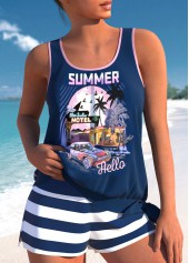 Mid Waisted Tropical Plants Print Tie Tankini Set