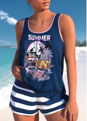 Mid Waisted Tropical Plants Print Tie Tankini Set