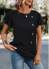 Black Round Neck Short Sleeve Button T Shirt