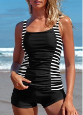 Striped Patchwork Black Scoop Neck Tankini Top-No Bottom