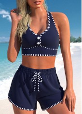 High Waisted Striped Criss Cross Navy Bikini Set