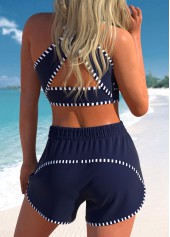 High Waisted Striped Criss Cross Navy Bikini Set