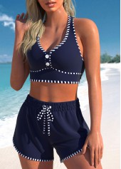 High Waisted Striped Criss Cross Navy Bikini Set
