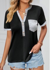 Pocket Button Detail Black Split Neck T Shirt