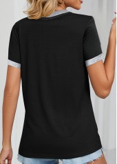 Pocket Button Detail Black Split Neck T Shirt
