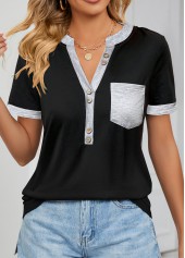 Pocket Button Detail Black Split Neck T Shirt