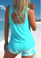 High Waisted Leaf Print Three-piece Cyan Tankini Set