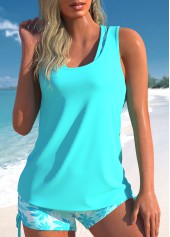 High Waisted Leaf Print Three-piece Cyan Tankini Set