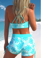 High Waisted Leaf Print Three-piece Cyan Tankini Set