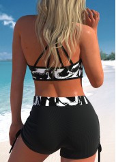 High Waisted Graffiti Print Three-piece Black Tankini Set