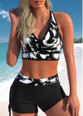 High Waisted Graffiti Print Three-piece Black Tankini Set