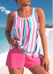 Hot Pink Mid Waisted Multi Stripe Print Tankini Set