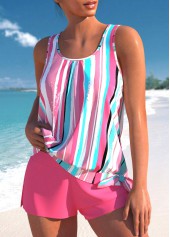Hot Pink Mid Waisted Multi Stripe Print Tankini Set