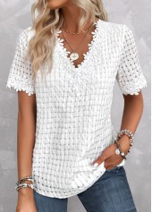 Embroidery White Short Sleeve V Neck Blouse