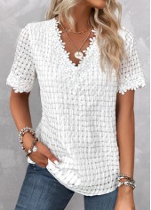 Embroidery White Short Sleeve V Neck Blouse