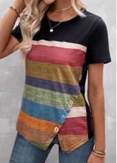 Striped Patchwork Black Round Neck T Shirt