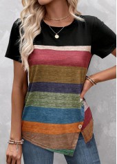 Striped Patchwork Black Round Neck T Shirt