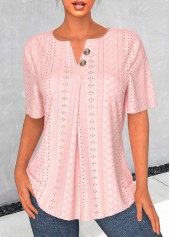 Button Light Pink Short Sleeve Split Neck Blouse