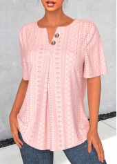 Button Light Pink Short Sleeve Split Neck Blouse