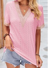 Patchwork V Neck Short Sleeve Pink T Shirt