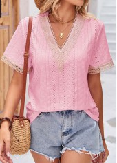 Patchwork V Neck Short Sleeve Pink T Shirt
