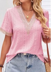 Patchwork V Neck Short Sleeve Pink T Shirt