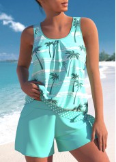 Mid Waisted Tropical Plants Print Tie Tankini Set