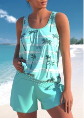 Mid Waisted Tropical Plants Print Tie Tankini Set