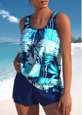 High Waisted Tropical Plants Print Tie Tankini Set