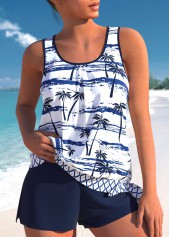 Mid Waisted Tropical Plants Print Patchwork Tankini Set