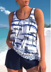 Mid Waisted Tropical Plants Print Patchwork Tankini Set