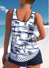 Mid Waisted Tropical Plants Print Patchwork Tankini Set