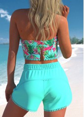 High Waisted Floral Print Tassel Cyan Bikini Set