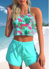 High Waisted Floral Print Tassel Cyan Bikini Set