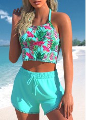 High Waisted Floral Print Tassel Cyan Bikini Set