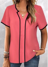 Contrast Binding Coral Short Sleeve Split Neck Blouse