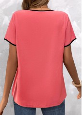 Contrast Binding Coral Short Sleeve Split Neck Blouse