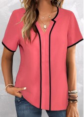 Contrast Binding Coral Short Sleeve Split Neck Blouse