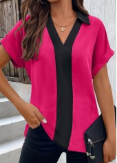 Patchwork Black Short Sleeve V Neck Blouse