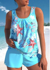 Sky Blue Marine Life Print Tie Tankini Set