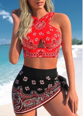 High Waisted Tribal Print Mesh Red Bikini Set