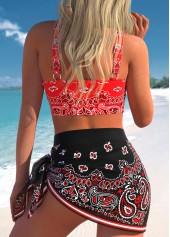 High Waisted Tribal Print Mesh Red Bikini Set