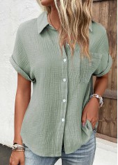 Pocket Sage Green Short Sleeve Shirt Collar Blouse