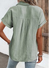 Pocket Sage Green Short Sleeve Shirt Collar Blouse