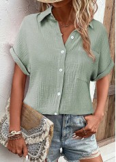 Pocket Sage Green Short Sleeve Shirt Collar Blouse